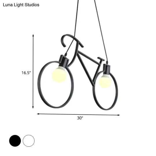 Minimalist City Bike Pendant Light For Kids Room - 2-Light Iron Suspension With Open Bulb Design