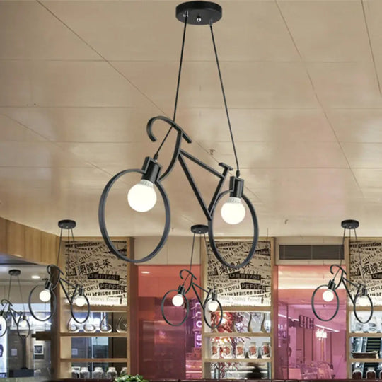 Minimalist City Bike Pendant Light For Kids Room - 2-Light Iron Suspension With Open Bulb Design