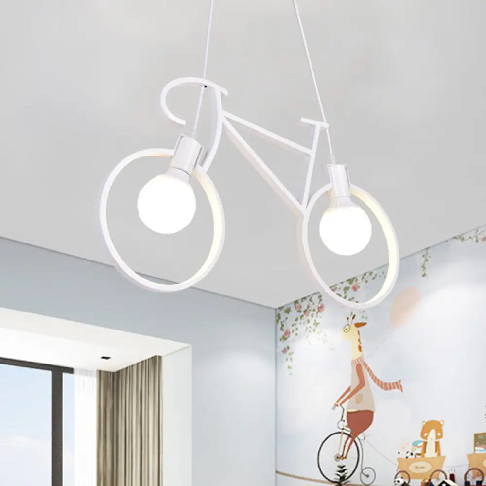 Minimalist City Bike Pendant Light For Kids Room - 2-Light Iron Suspension With Open Bulb Design