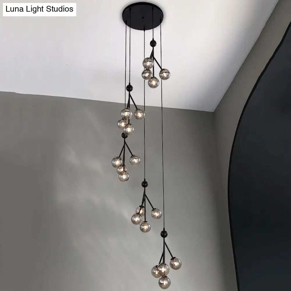 Minimalist 20-Light Stair Cluster Pendant Lamp With Clear/Amber/Smoke Gray Glass And Black/Gold