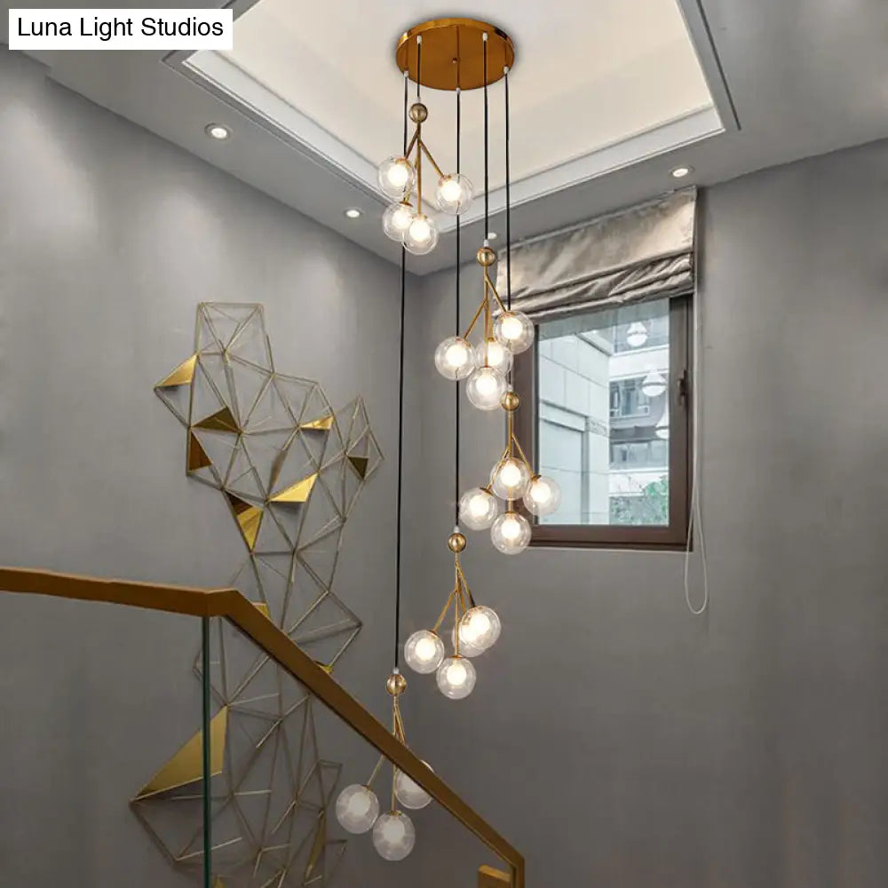 Minimalist 20-Light Stair Cluster Pendant Lamp With Clear/Amber/Smoke Gray Glass And Black/Gold