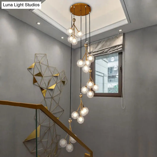 Minimalist 20-Light Stair Cluster Pendant Lamp With Clear/Amber/Smoke Gray Glass And Black/Gold