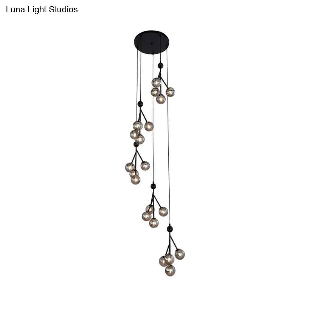 Minimalist 20-Light Stair Cluster Pendant Lamp With Clear/Amber/Smoke Gray Glass And Black/Gold