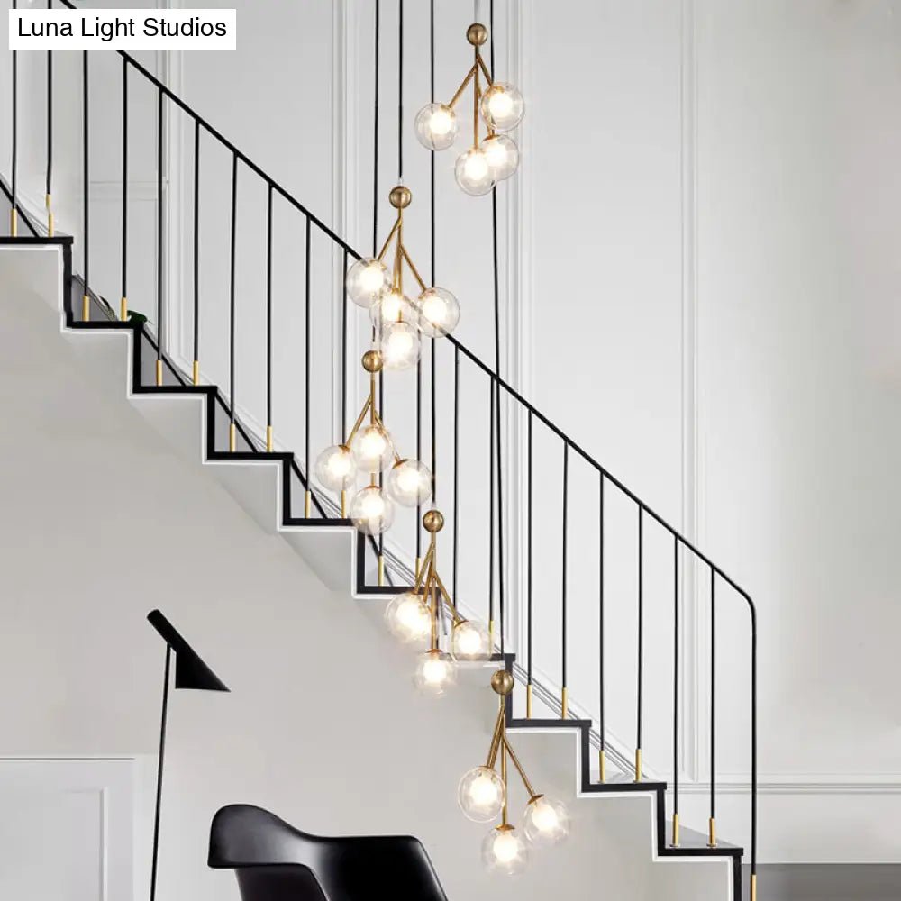 Minimalist 20-Light Stair Cluster Pendant Lamp With Clear/Amber/Smoke Gray Glass And Black/Gold