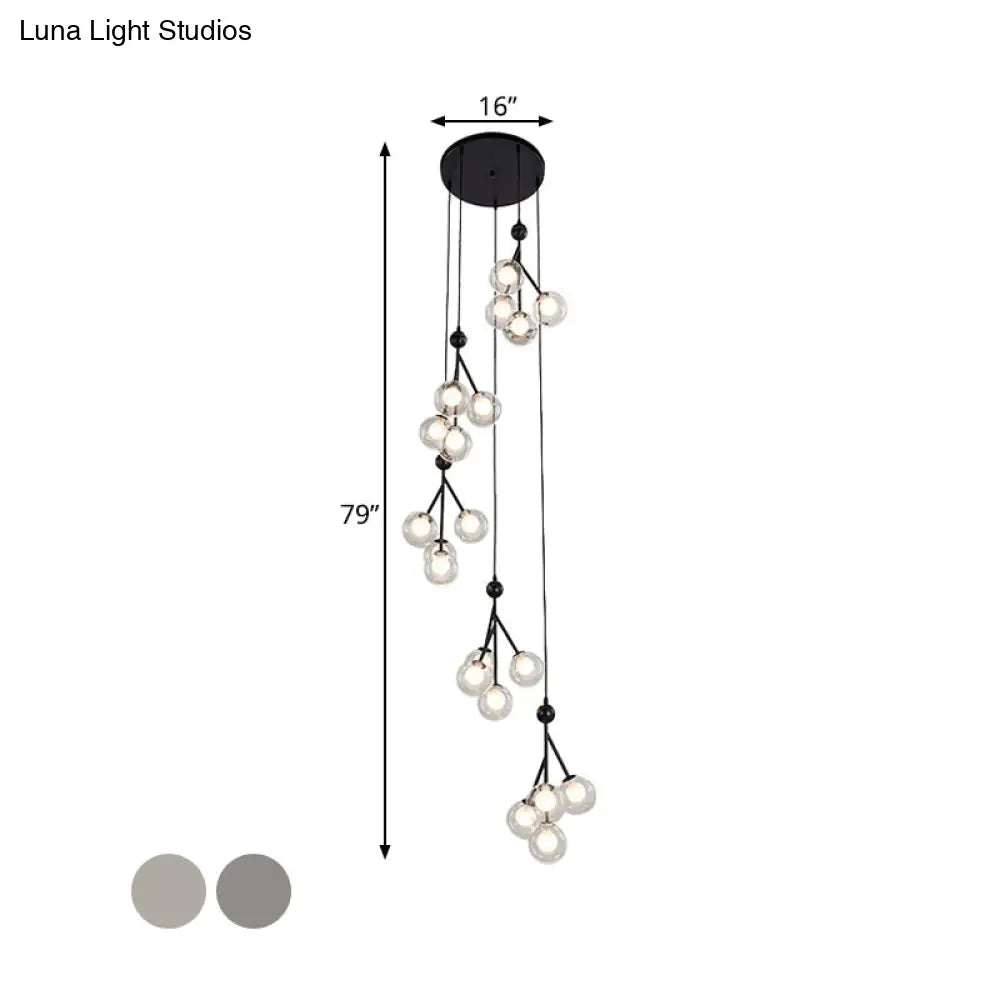 Minimalist Clear/Amber/Smoke Gray Glass Stair Cluster Pendant Lamp - Global 20-Light Ceiling Light