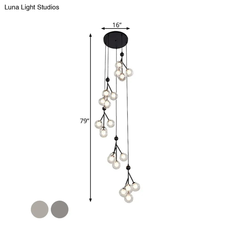 Minimalist 20-Light Stair Cluster Pendant Lamp With Clear/Amber/Smoke Gray Glass And Black/Gold