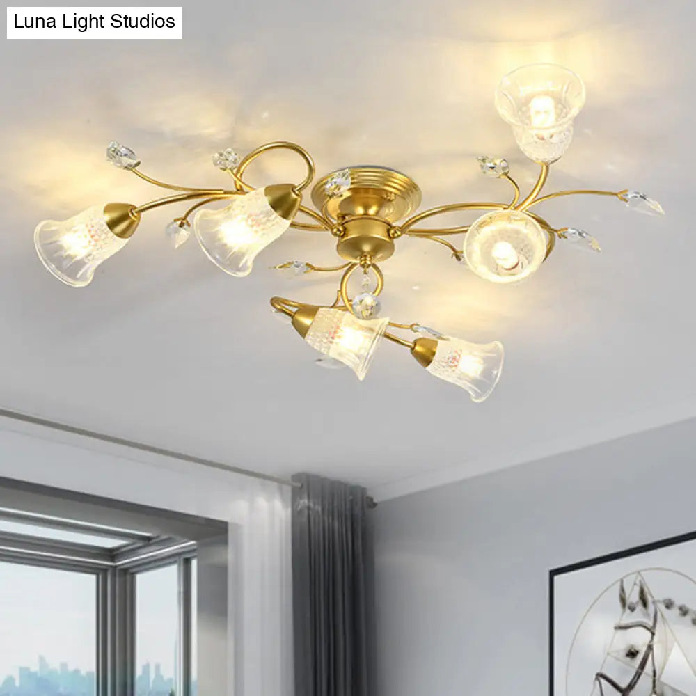 Minimalist Clear Crystal Ceiling Flush Mount Light With Flared Curved Arm And 6-Head Design