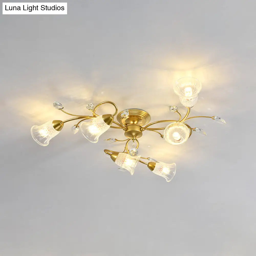 Minimalist Clear Crystal Ceiling Flush Mount Light With Flared Curved Arm And 6-Head Design