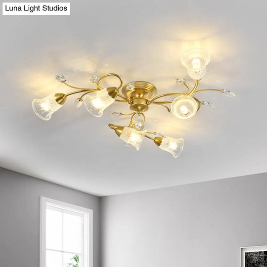 Minimalist Clear Crystal Ceiling Flush Mount Light With Flared Curved Arm And 6-Head Design