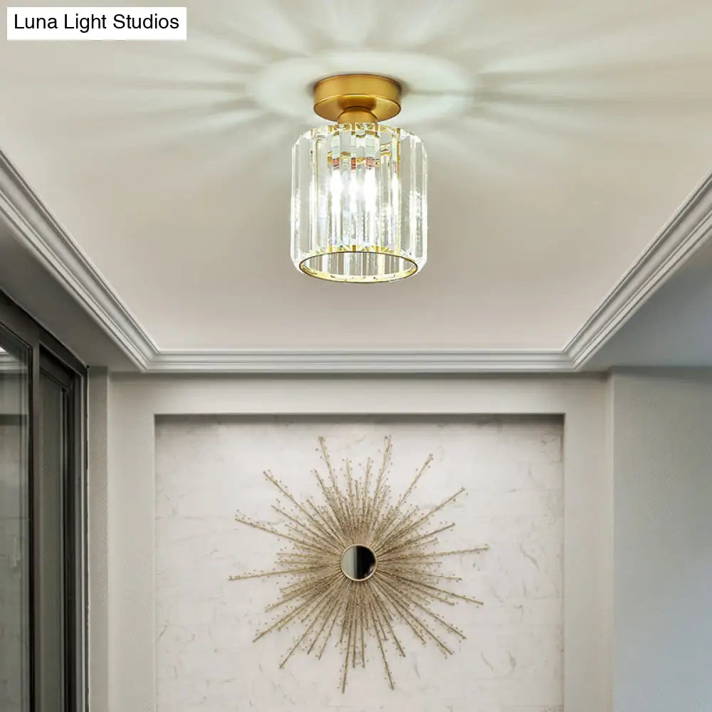 Minimalist Clear Crystal Geometric Ceiling Lamp - 1 Bulb Brass Finish Semi Flush Light For Aisle