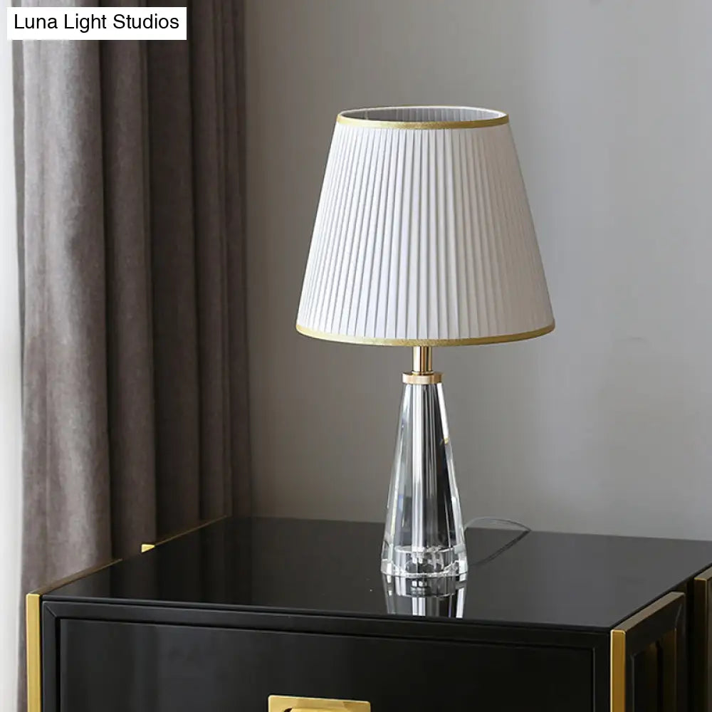 Minimalist Clear Crystal Nightstand Lamp - Conical Desk Lighting With Pleated Shade In