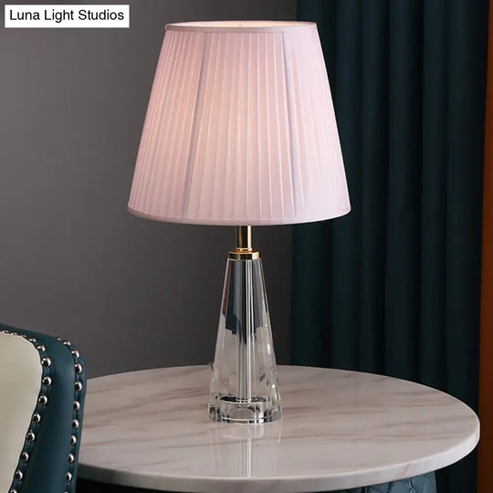 Minimalist Clear Crystal Nightstand Lamp - Conical Desk Lighting With Pleated Shade In