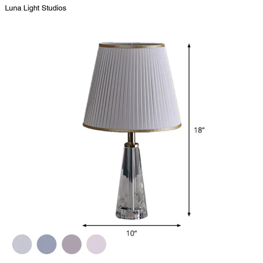 Minimalist Clear Crystal Nightstand Lamp - Conical Desk Lighting With Pleated Shade In