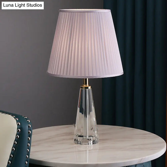 Minimalist Clear Crystal Nightstand Lamp - Conical Desk Lighting With Pleated Shade In