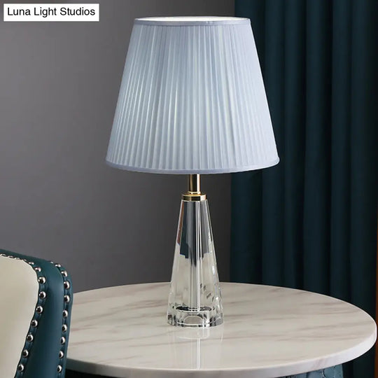 Minimalist Clear Crystal Nightstand Lamp - Conical Desk Lighting With Pleated Shade In