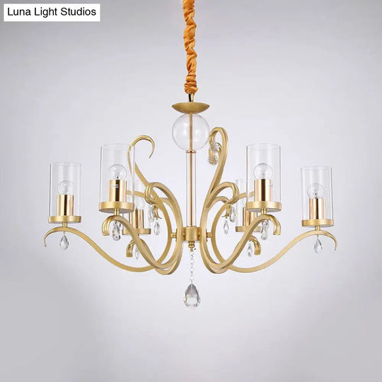 Minimalist Clear Glass Cylinder Suspension Lamp - 6 Head Gold Chandelier With Crystal Droplets