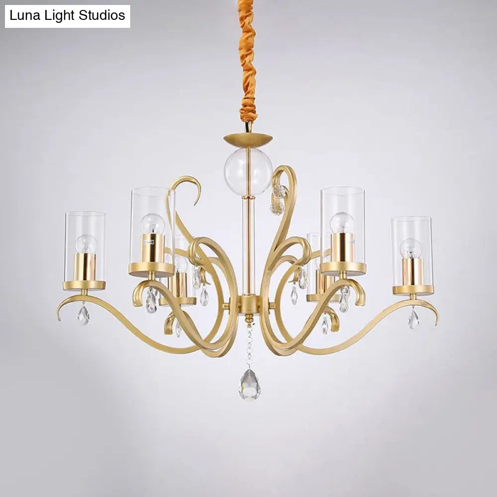 Minimalist Clear Glass Cylinder Suspension Lamp With Crystal Droplet - 6-Head Gold Chandelier