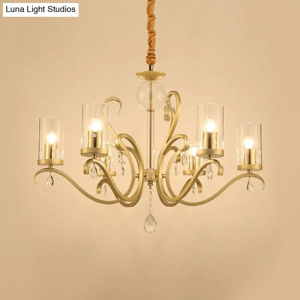 Minimalist Clear Glass Cylinder Suspension Lamp With Crystal Droplet - 6-Head Gold Chandelier