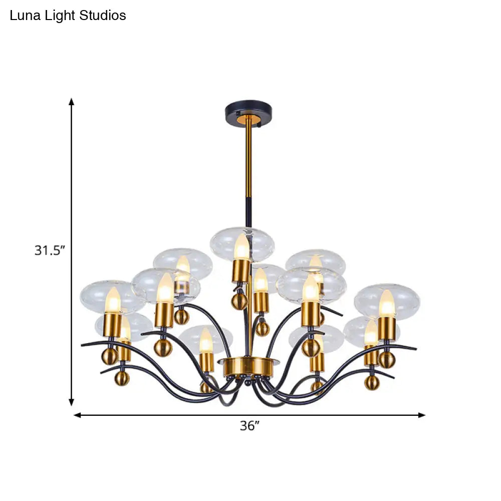 Minimalist Clear Glass Ellipsoid Pendant Chandelier: Black-Gold 6/8/12 Bulb Options 1/2-Layer