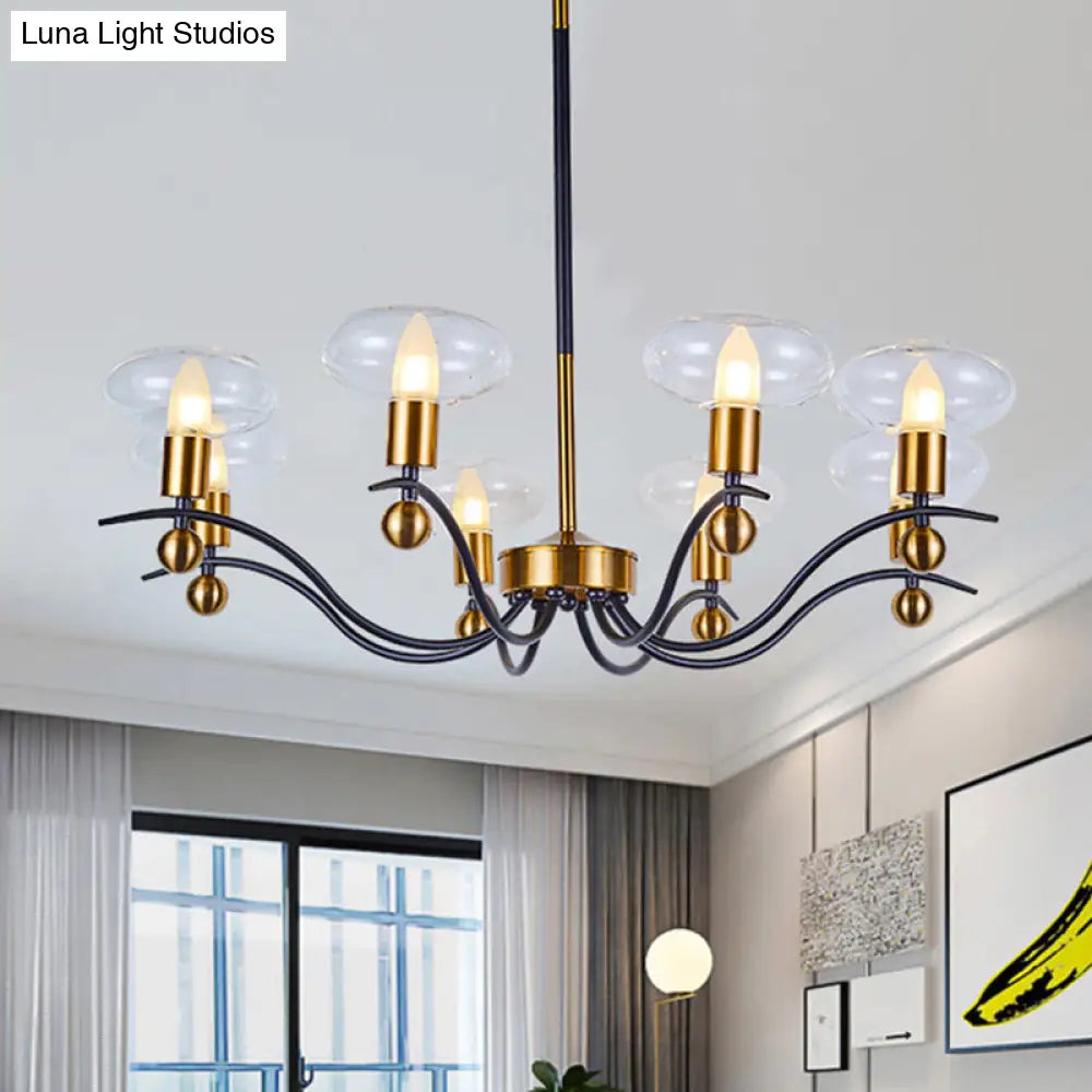 Minimalist Clear Glass Ellipsoid Pendant Chandelier: Black-Gold 6/8/12 Bulb Options 1/2-Layer