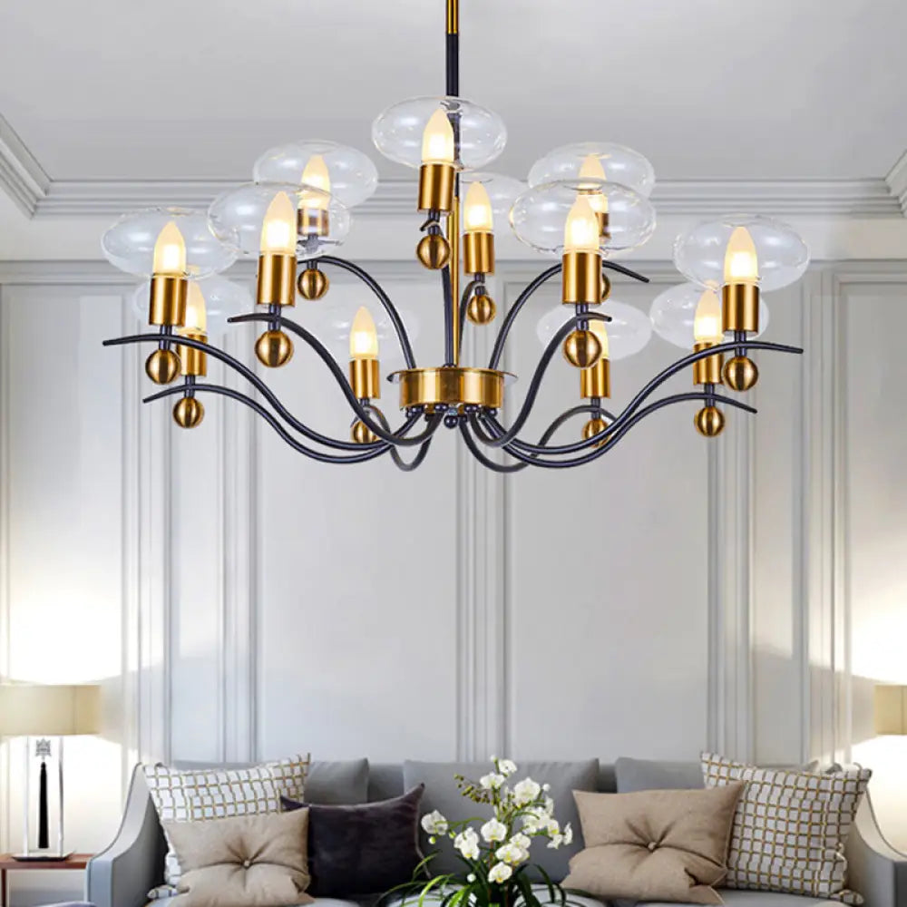 Minimalist Clear Glass Ellipsoid Pendant Chandelier: Black-Gold 6/8/12 Bulb Options 1/2-Layer