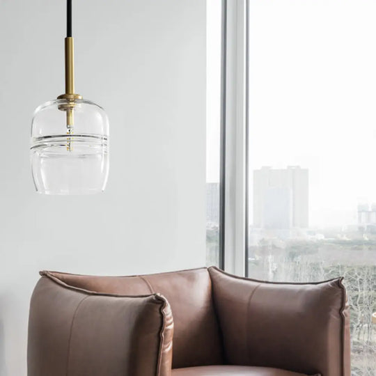 Minimalist Clear Glass Hanging Lamp With Brass Accent - Led Pendant Ceiling Light For Dining Room