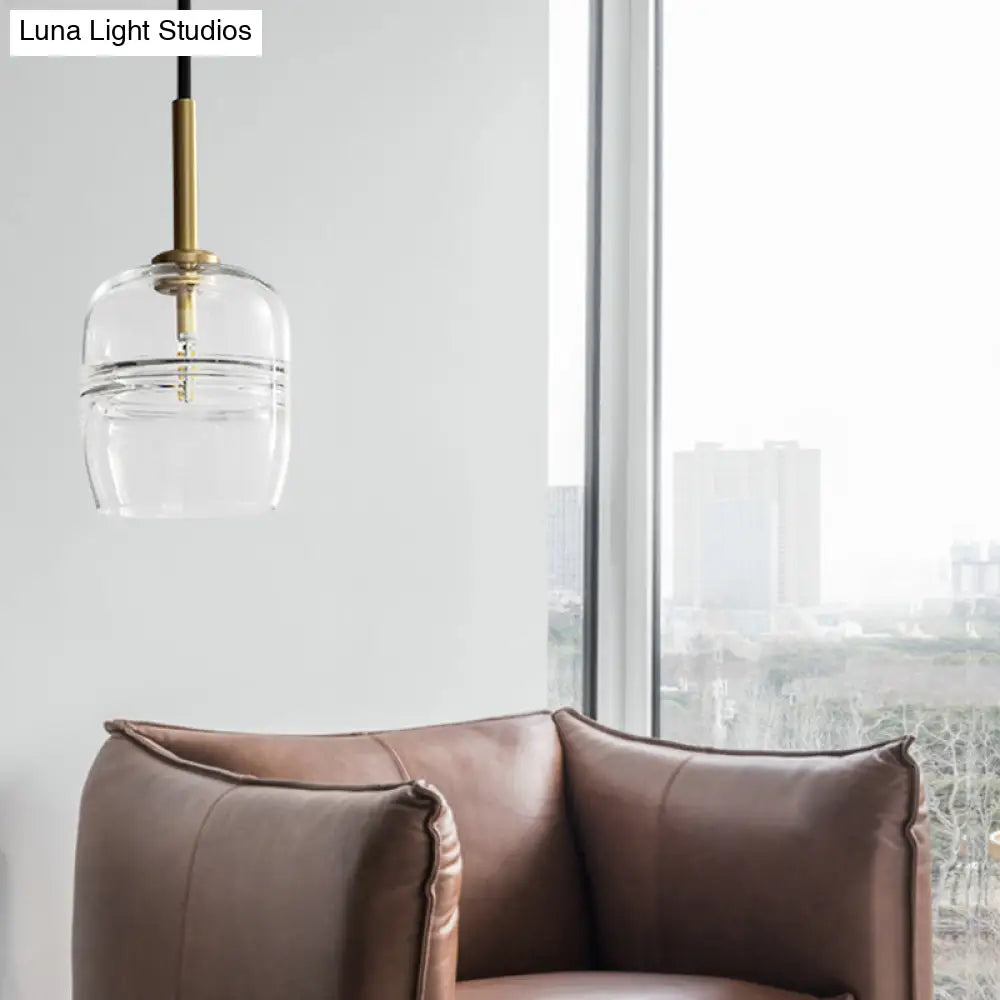 Sleek Clear Glass Jar Hanging Lamp: Minimalist 1-Bulb Brass Led Pendant Light For Dining Room