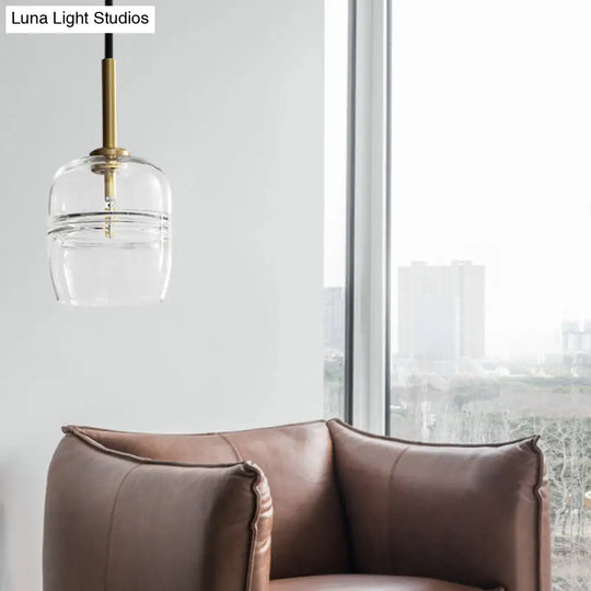 Sleek Clear Glass Jar Hanging Lamp: Minimalist 1-Bulb Brass Led Pendant Light For Dining Room