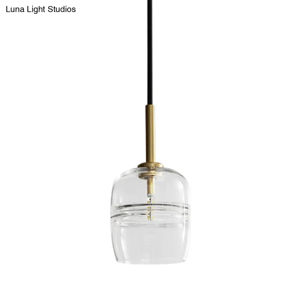 Sleek Clear Glass Jar Hanging Lamp: Minimalist 1-Bulb Brass Led Pendant Light For Dining Room