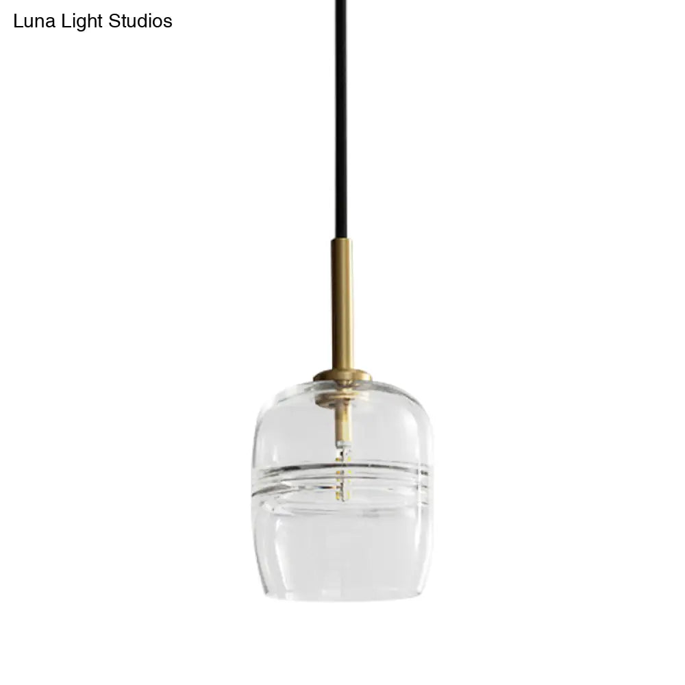 Minimalist Clear Glass Hanging Lamp With Brass Accent - Led Pendant Ceiling Light For Dining Room