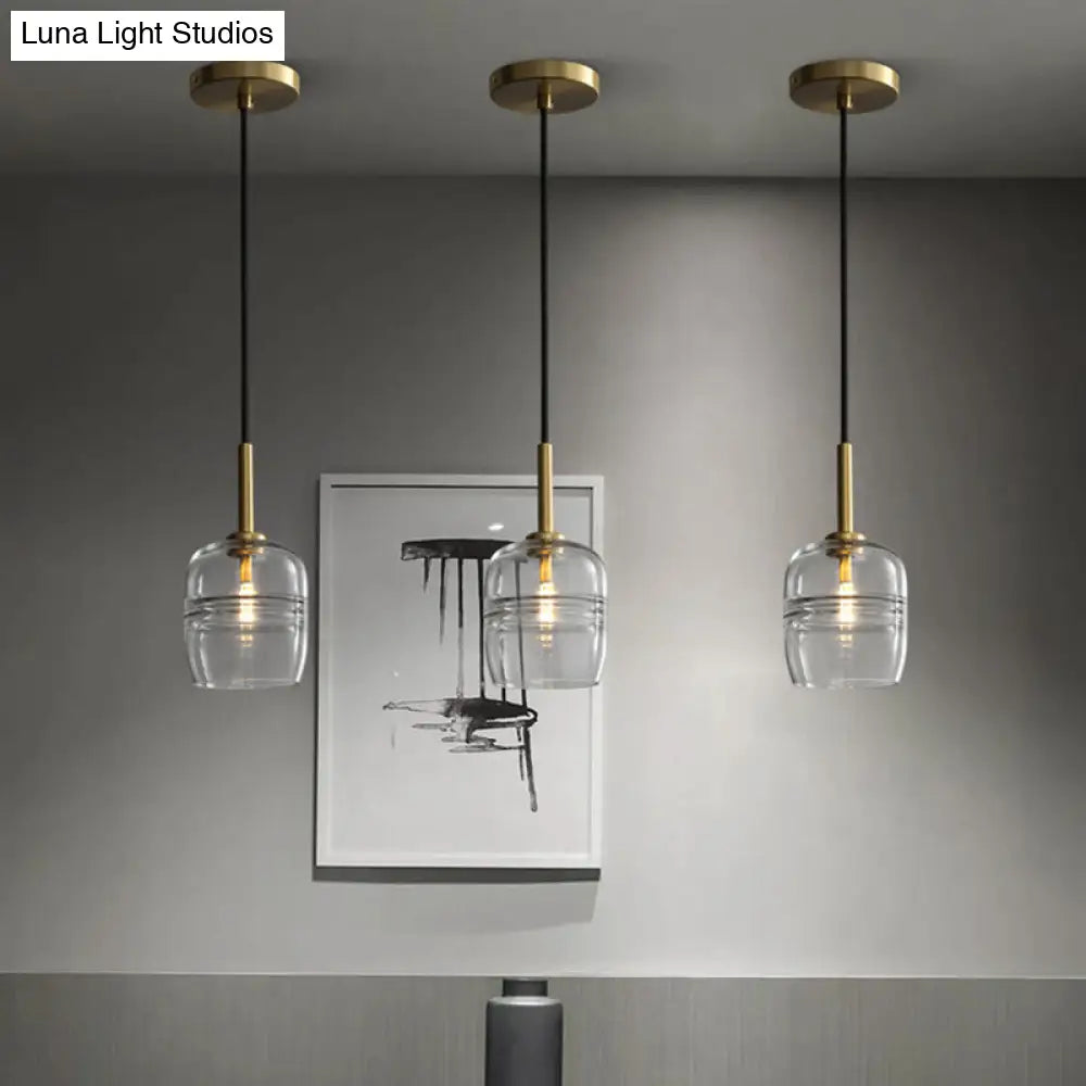 Sleek Clear Glass Jar Hanging Lamp: Minimalist 1-Bulb Brass Led Pendant Light For Dining Room