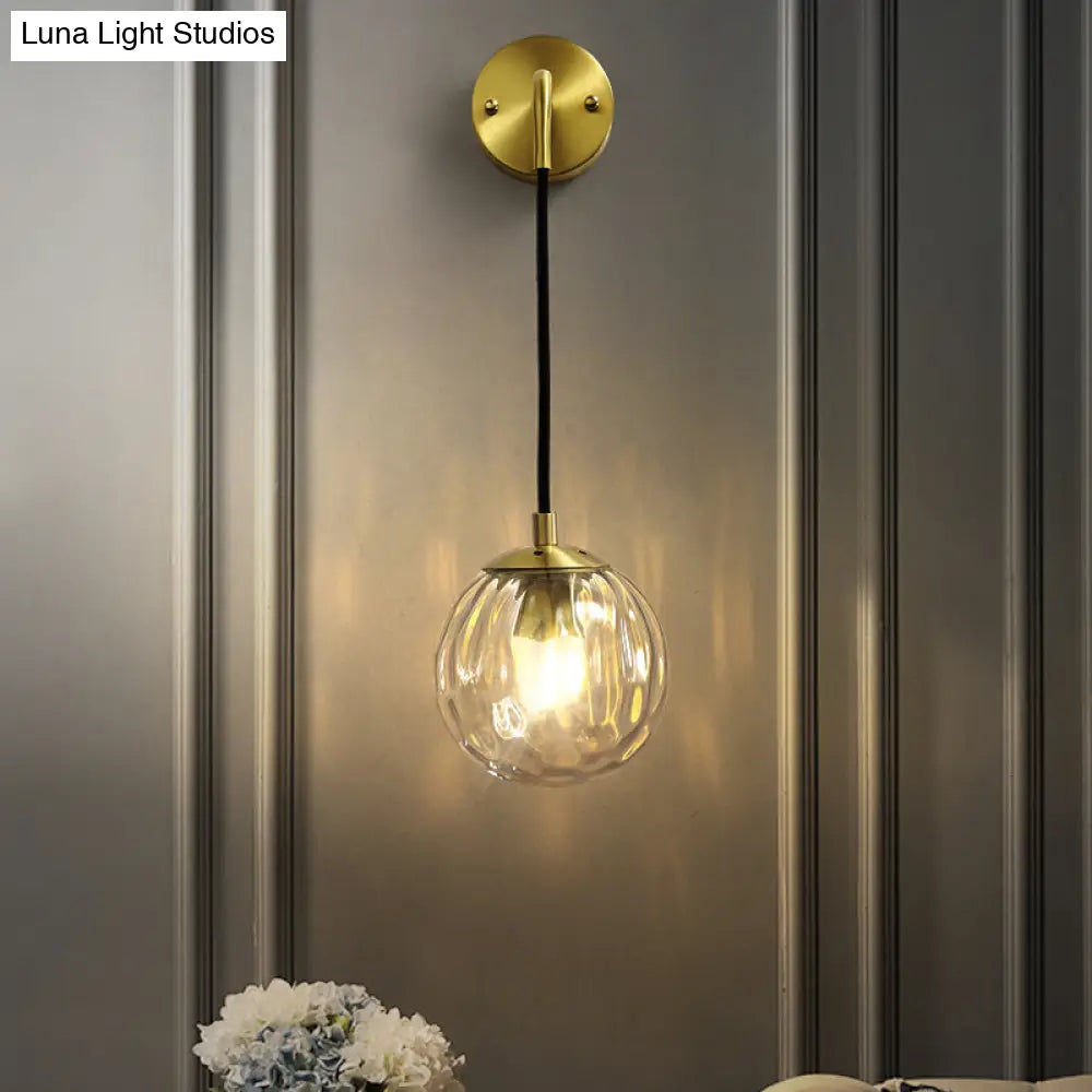 Minimalist Clear Ripple Glass Ball Wall Light: Brass Sconce Fixture For Dining Room