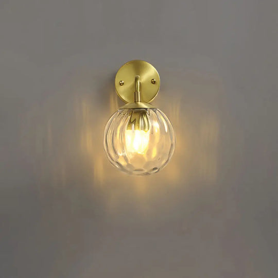 Minimalist Clear Ripple Glass Ball Wall Light: Brass Sconce Fixture For Dining Room / Short Arm