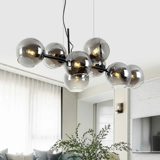 Minimalist Clear/Smoke Grey Glass Globe Island Chandelier - 8 Lights Black/Gold Dining Room Lighting