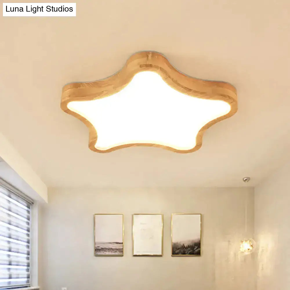 Minimalist Cloud/Star Led Ceiling Light For Children’s Bedroom - Wooden Flush Mount Lamp In Beige