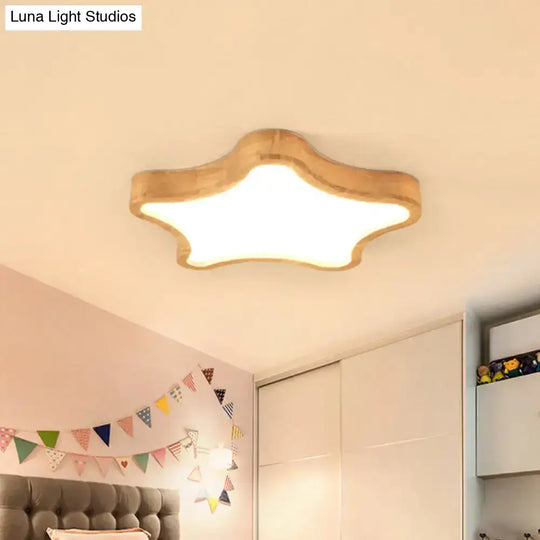 Minimalist Cloud/Star Led Ceiling Light For Children’s Bedroom - Wooden Flush Mount Lamp In Beige