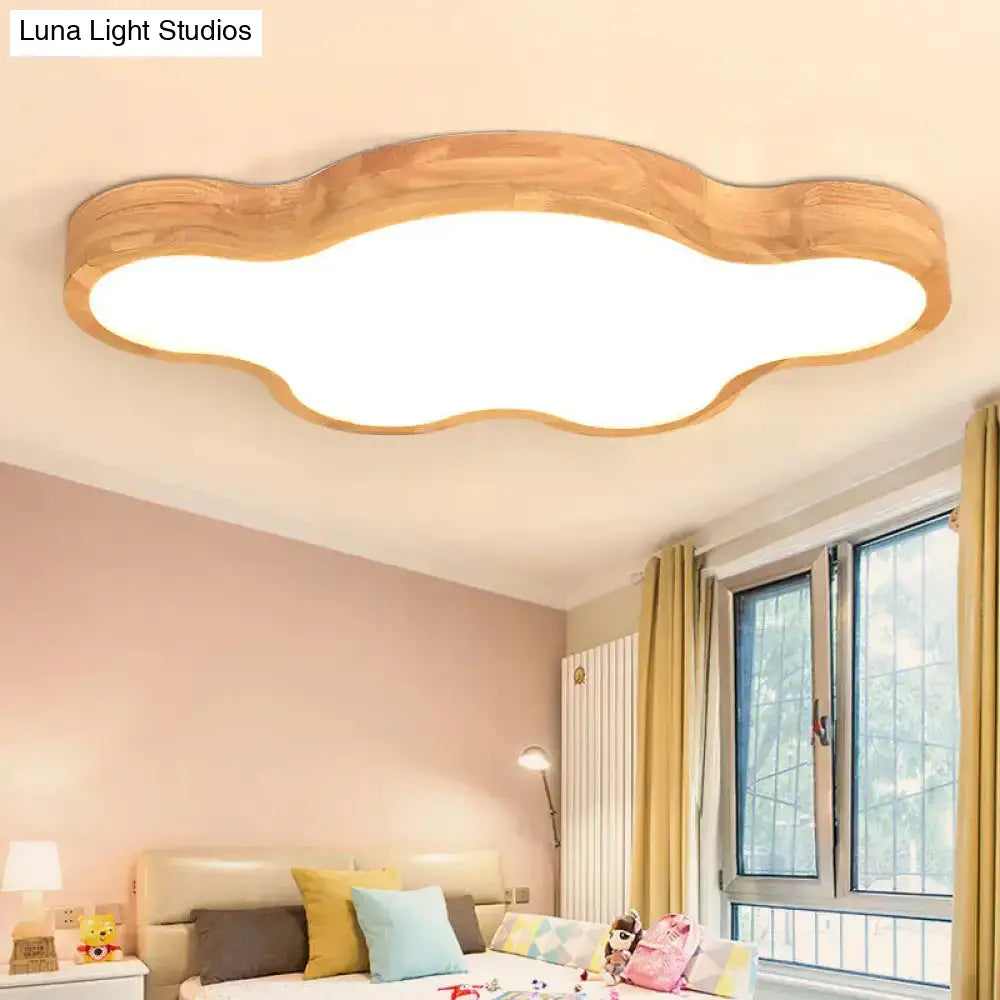 Minimalist Cloud/Star Led Ceiling Light For Children’s Bedroom - Wooden Flush Mount Lamp In Beige