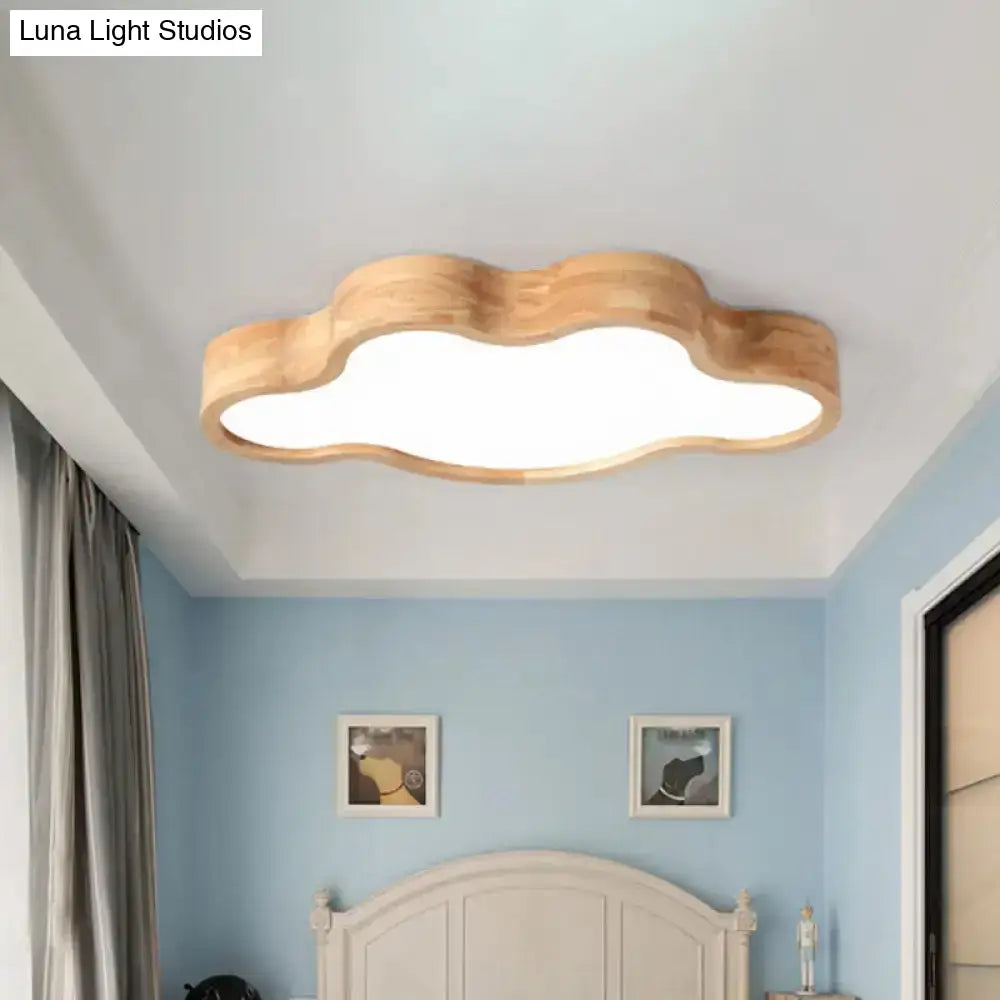 Minimalist Cloud/Star Led Ceiling Light For Children’s Bedroom - Wooden Flush Mount Lamp In Beige