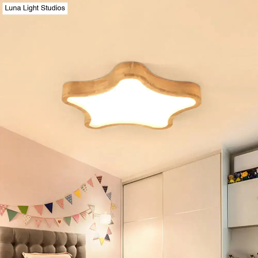 Minimalist Cloud/Star Led Ceiling Light For Children’s Bedroom - Wooden Flush Mount Lamp In Beige