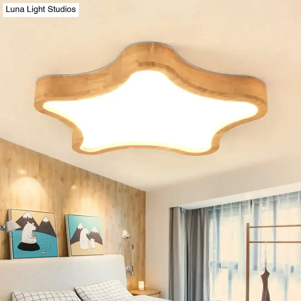 Minimalist Cloud/Star Led Ceiling Light For Children’s Bedroom - Wooden Flush Mount Lamp In Beige