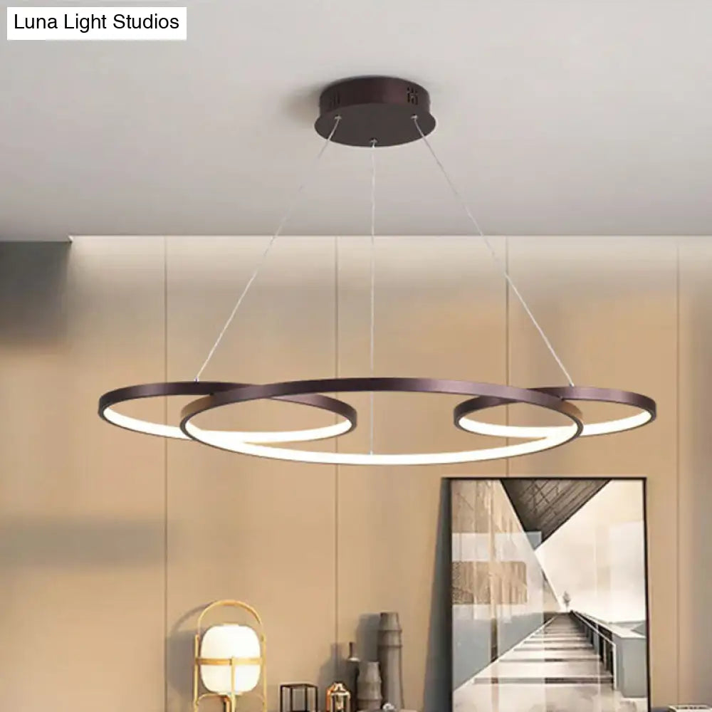 Sleek Coffee Minimalist Metal Led Chandelier - 3-Ring Hanging Lamp For Drawing Room Warm/White Light