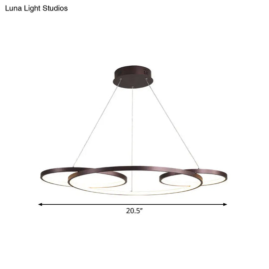 Sleek Coffee Minimalist Metal Led Chandelier - 3-Ring Hanging Lamp For Drawing Room Warm/White Light