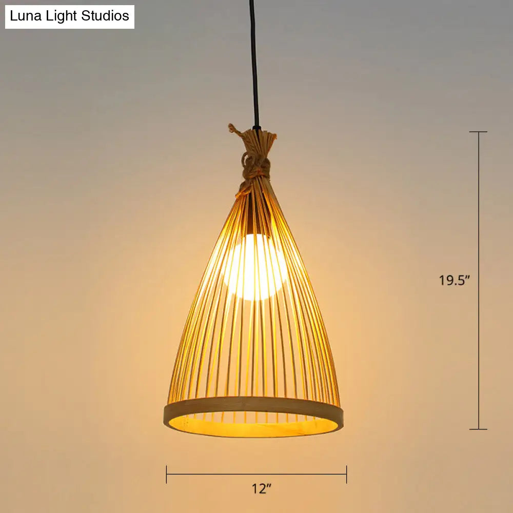 Minimalist Conical Bamboo Pendant Ceiling Light With Cage Design For Restaurants