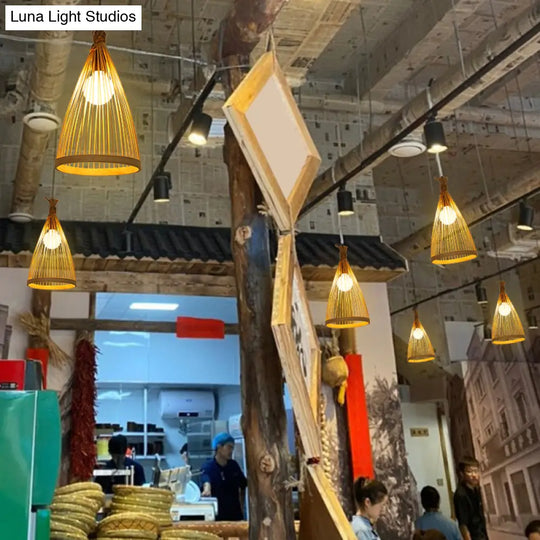 Minimalist Conical Bamboo Pendant Ceiling Light With Cage Design For Restaurants