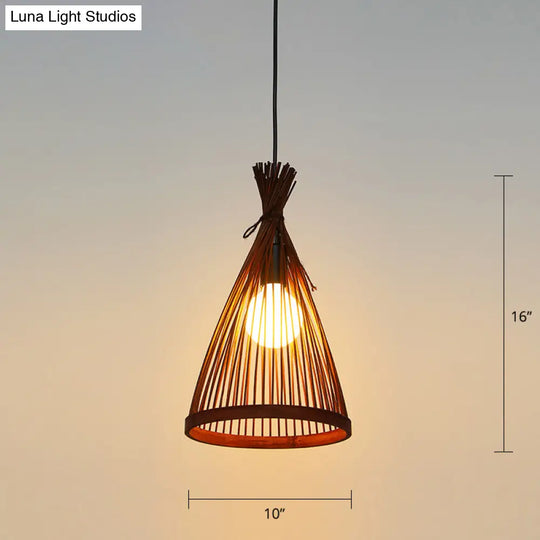 Minimalist Conical Bamboo Pendant Ceiling Light With Cage Design For Restaurants