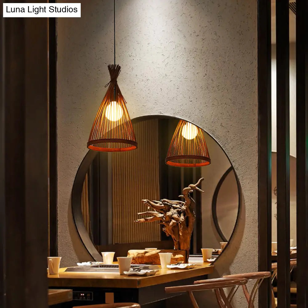 Minimalist Conical Bamboo Pendant Ceiling Light With Cage Design For Restaurants