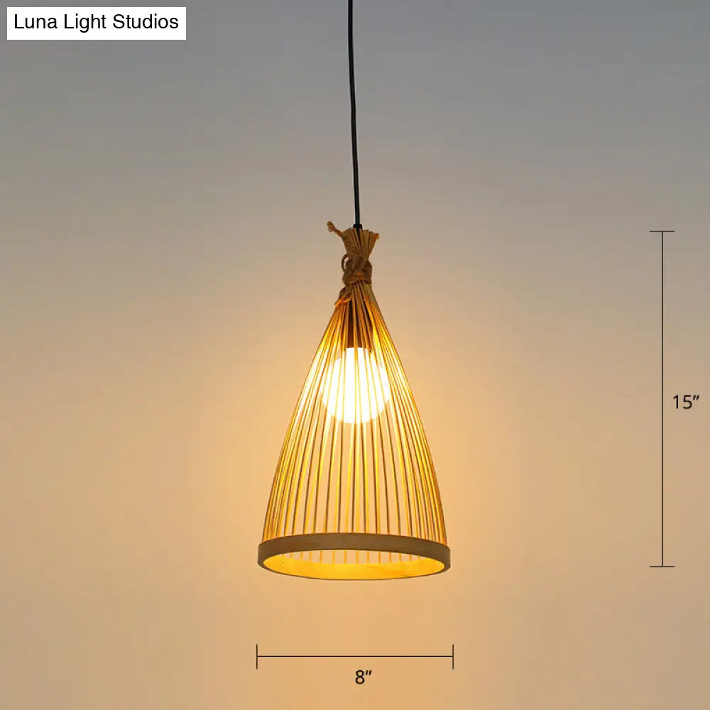 Minimalist Conical Bamboo Pendant Ceiling Light With Cage Design For Restaurants