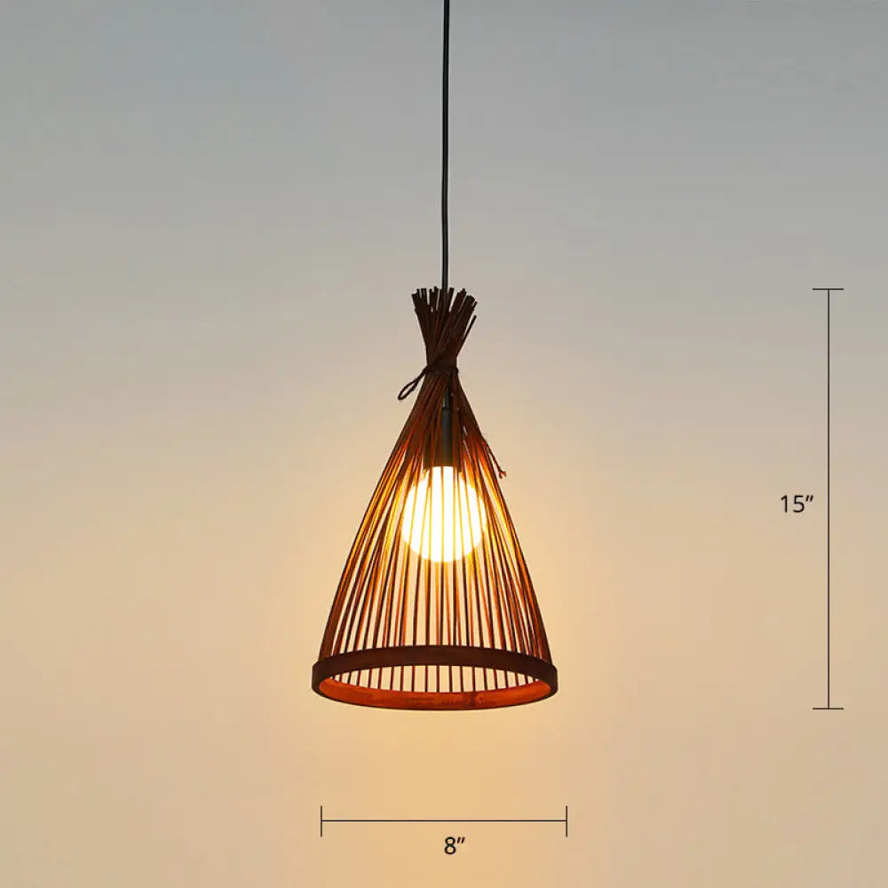 Minimalist Conical Bamboo Pendant Ceiling Light With Cage Design For Restaurants Coffee / 8.5