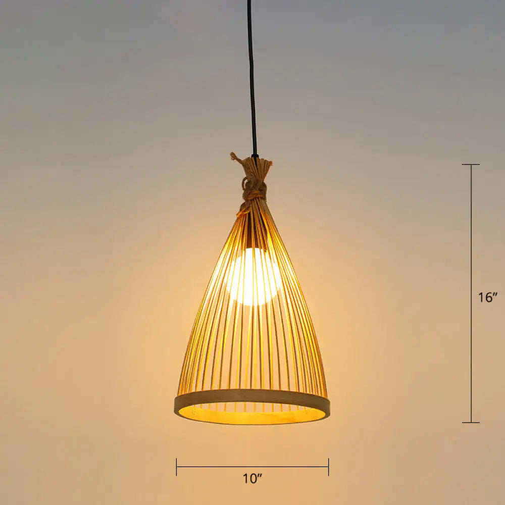 Minimalist Conical Bamboo Pendant Ceiling Light With Cage Design For Restaurants Wood / 10