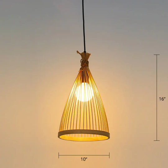 Minimalist Conical Bamboo Pendant Ceiling Light With Cage Design For Restaurants Wood / 10